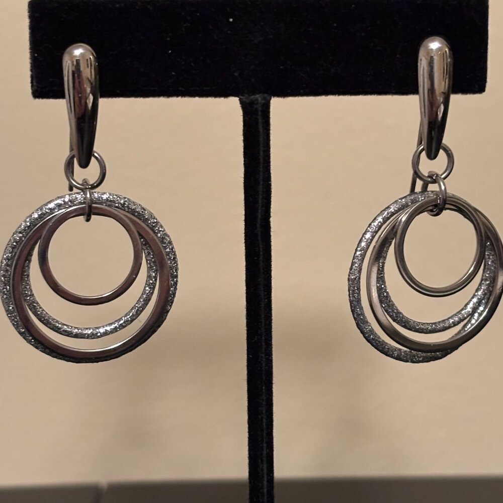 Stainless Steel Silver Glitter Dangle Multi Hoop Pierced Earrings Milor Italy